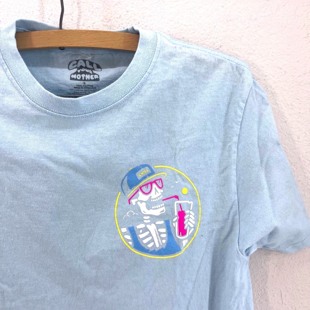 Call Your Mother Skeleton Drink Graphic T Shirt Light Blue Short Sleeve Cotton S